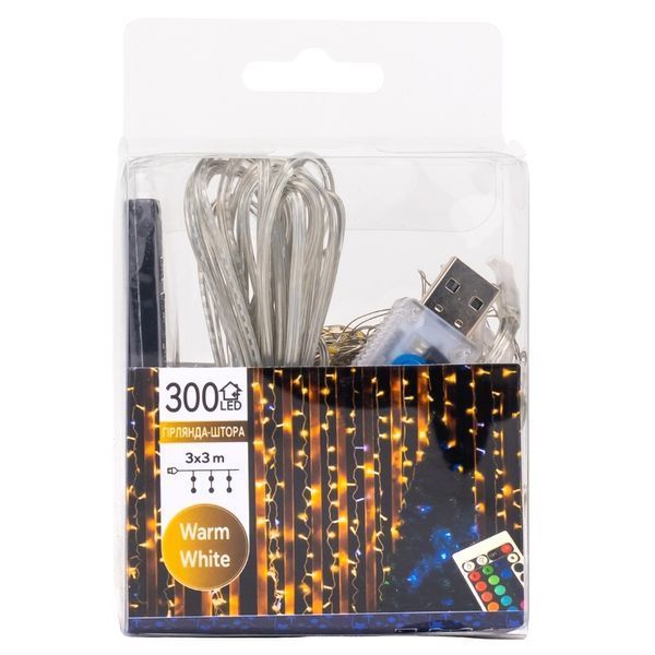 Гірлянда-штора 300 LED, жовта, 3*3 м, від USB (9133-025) E-9133025 фото